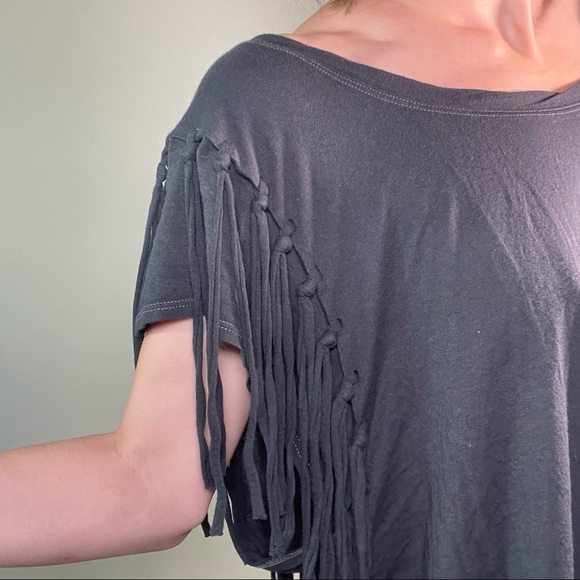Free People Off Black Fringe Slouchy Soft Stretchy Tee Tunic - Picture 14 of 16